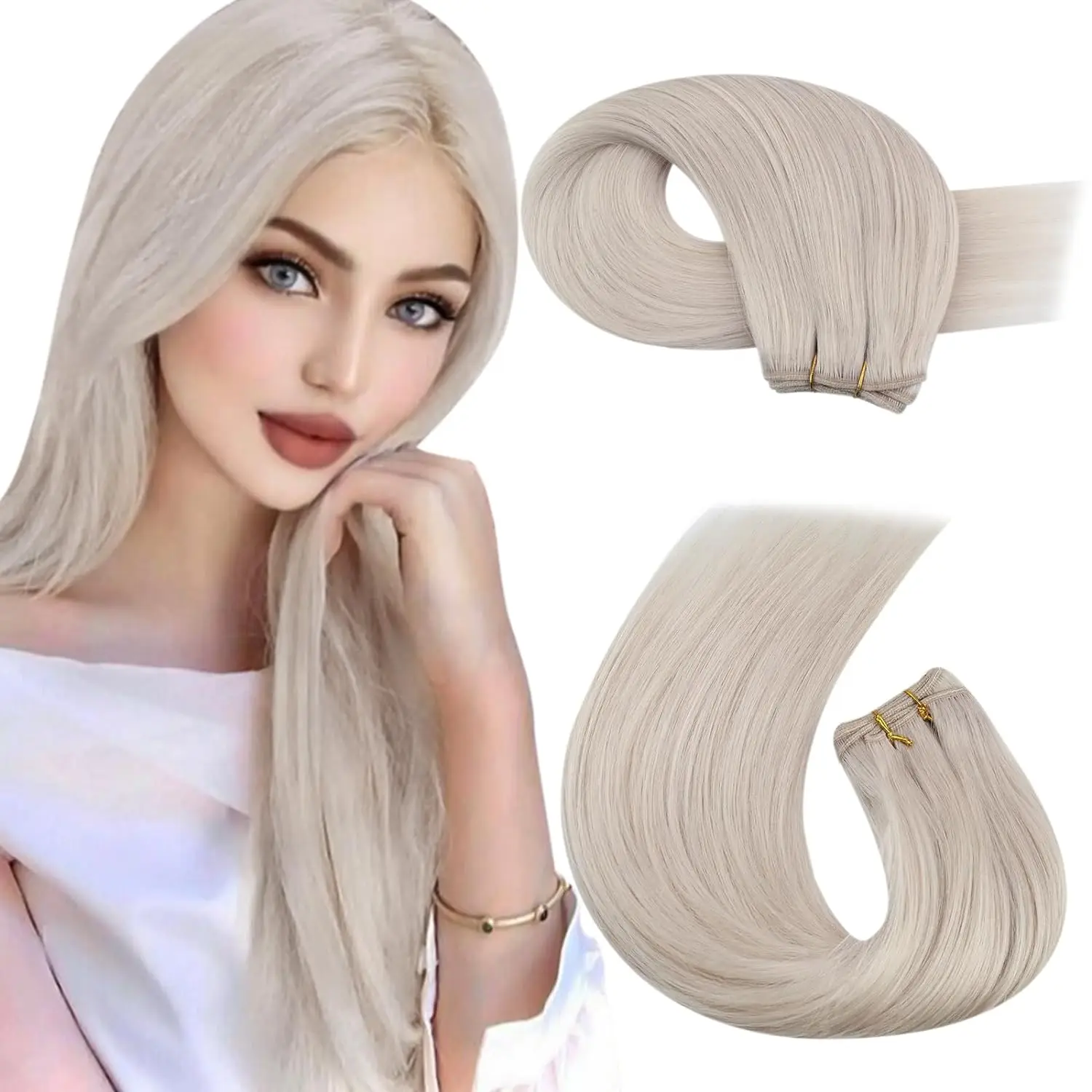 

Moresoo Weft Hair Extensions Blonde Sew in Hair Extensions Real Human Hair Remy Double Weft Human Hair Extensions 100G Weave