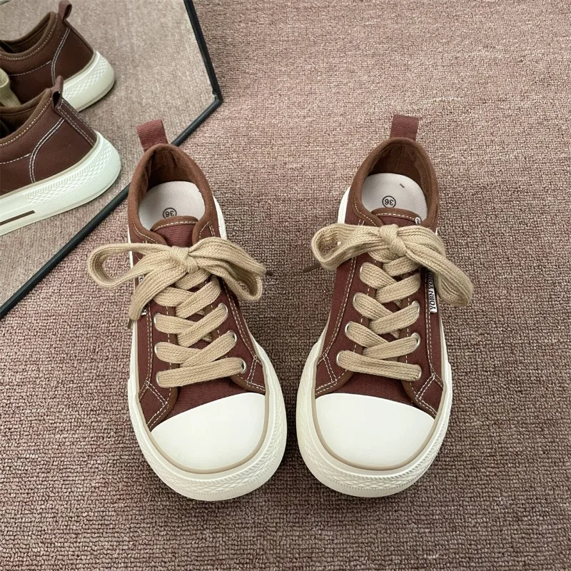 2026 Women Fresh Canvas Shoes Low Top Female Students Solid Green Sneakers Thick Sole Summer Casual Grey Pink Sport Shoes