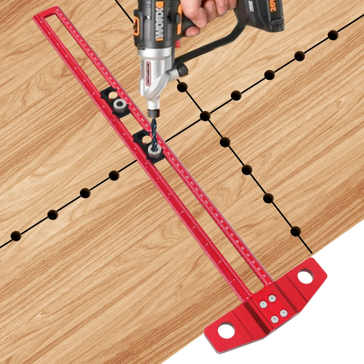 Holzbearbeitung, 2-in-1-Bohrung, Positionierung, Scoring-Lineal, Aluminium-Anreißer, Markierung, T-Quadrat-Dübellehre mit 6/8/10 mm Bohrhülse – Detail 4