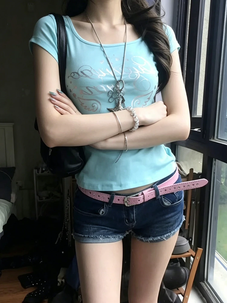 Genayooa Japanisches Y2k-Print-T-Shirt für Damen, kurzärmelig, schmale Crop-Tops, amerikanische Retro-Grafik-Tops, Streetwear, 2000er-Jahre-Fairycore-T-Shirt – Detail 8