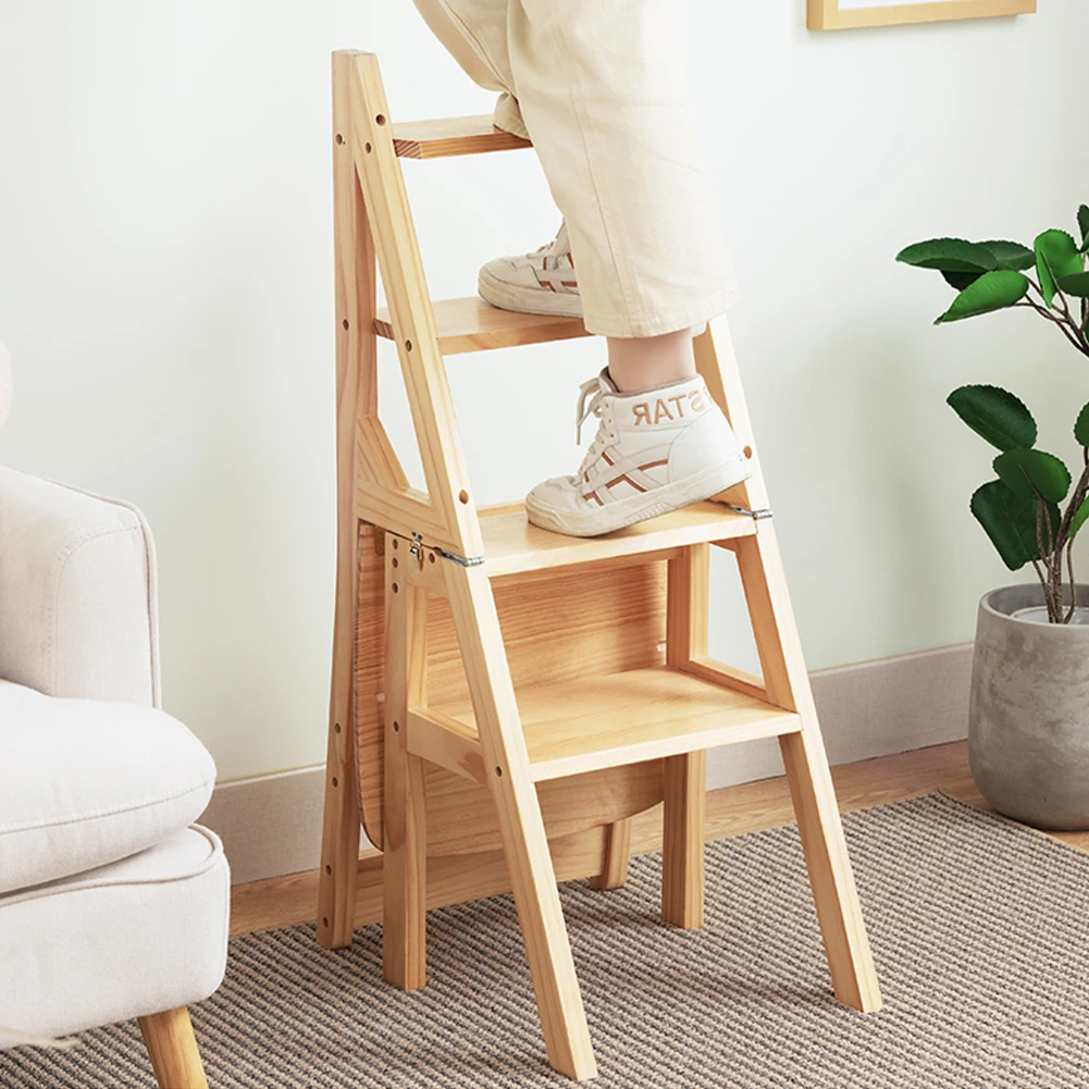 

4 Tier Solid Wood Folding Chair Anti-Slip Folding Step Ladder Convertible Wood Ladder for Indoor Living Room Bedroom