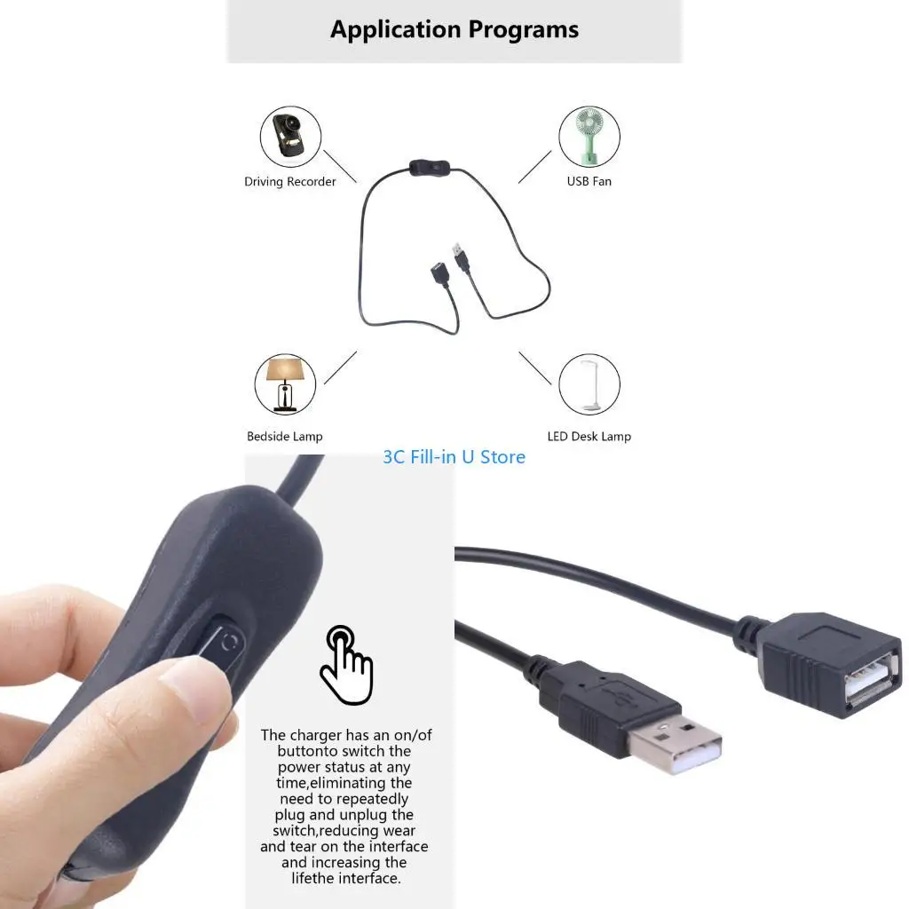 G8TA USB Extension Cord USB Extension Cord with On Off Switchs for LED, USB Devices