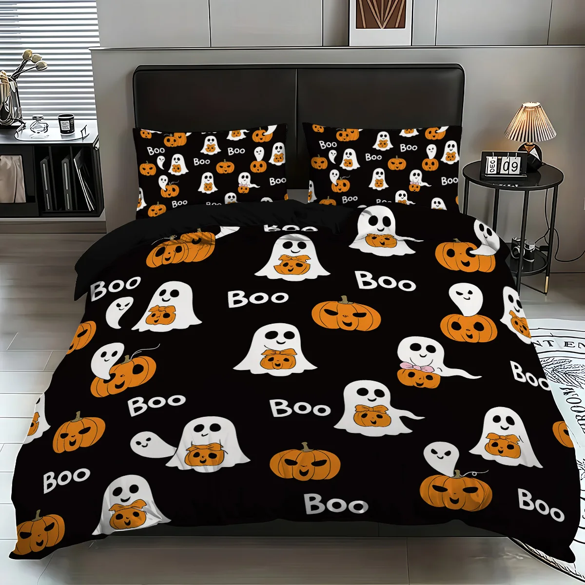 3-piece Halloween themed black cute ghost pattern duvet cover set, 1 duvet cover+2 pillowcases, coreless
