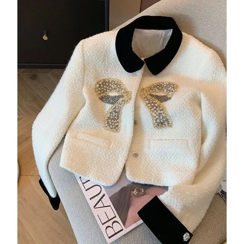 Autumn new color matching sequin inlaid diamond bow woolen short jacket  jacket  winter clothes women