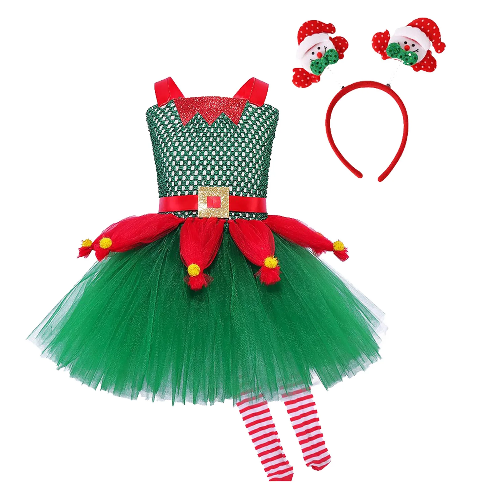 Girls Christmas Elf Cosplay Costume Carnival Party Kids Santa Claus Princess Tutu Dress Children's Xmas Role Play Fancy Dress-up