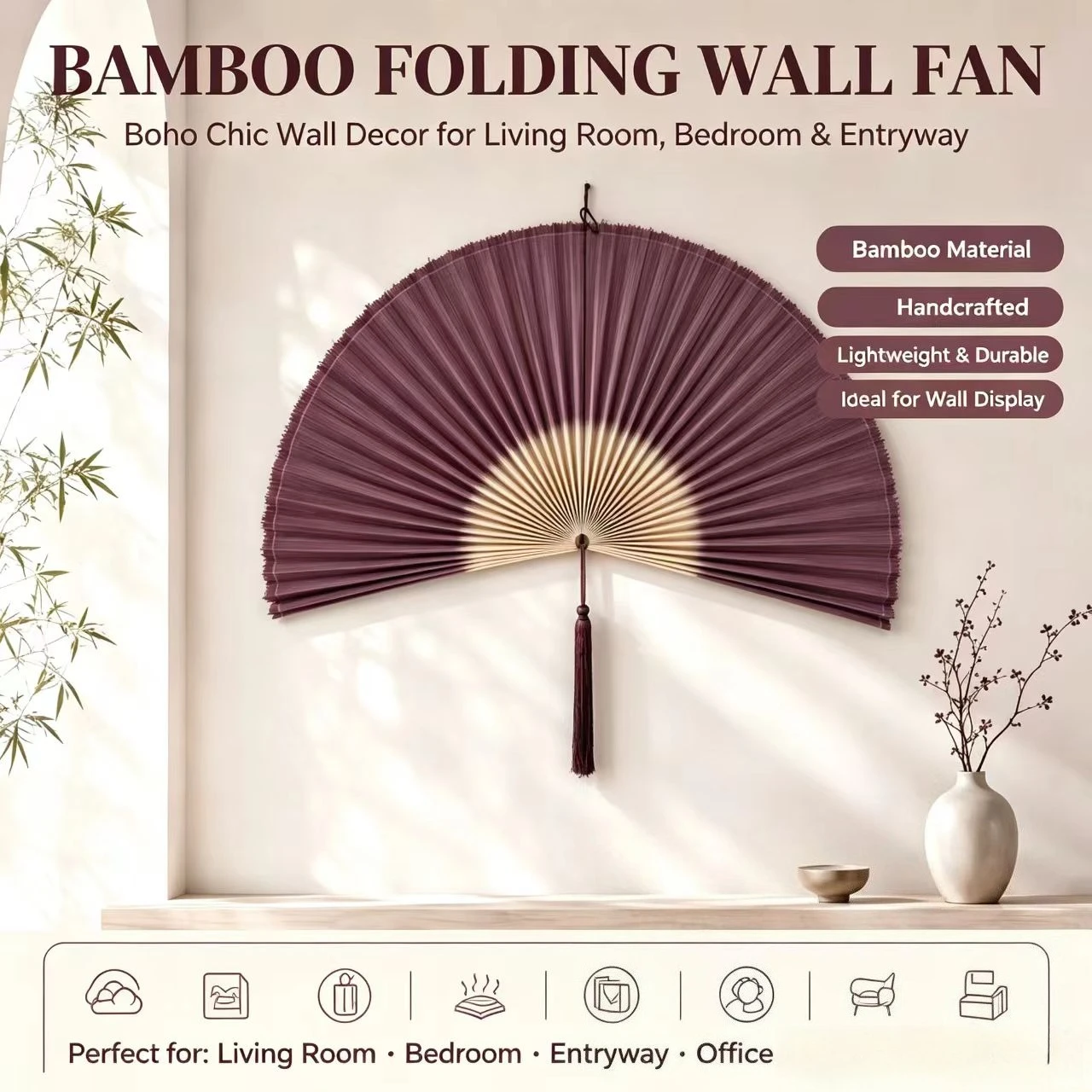 New Handmade Bamboo Wall Fan with Tassel, Gradient Purple Woven Hanging Fan Oriental Wall Decor for Wedding Homestay Tea House