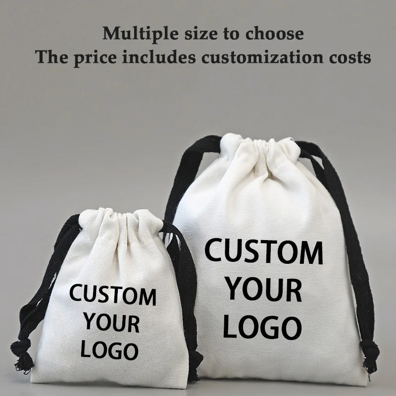 50pcs/lot White Canvas Bags with Black Drawstring High Quality Custom LOGO Gift Cotton Pouches Home Organize Storage Sacks