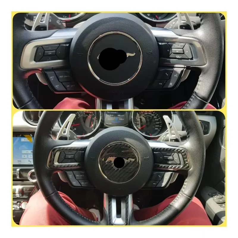 For the Ford Mustang 2015-2022 Mustang Car Cab Steering Wheel Center Logo Carbon Fiber Trim Sticker Protection Attached to Inter