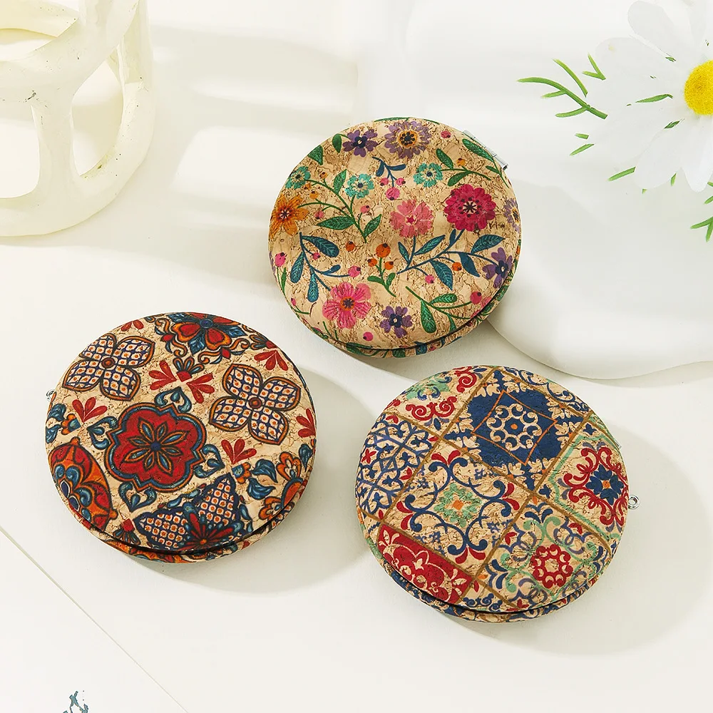 Round Vintage Pattern Cork Makeup Mirror Mini Pocket Mirror Portable Travel for Women Girls Folding Double Sided Cosmetic Mirror