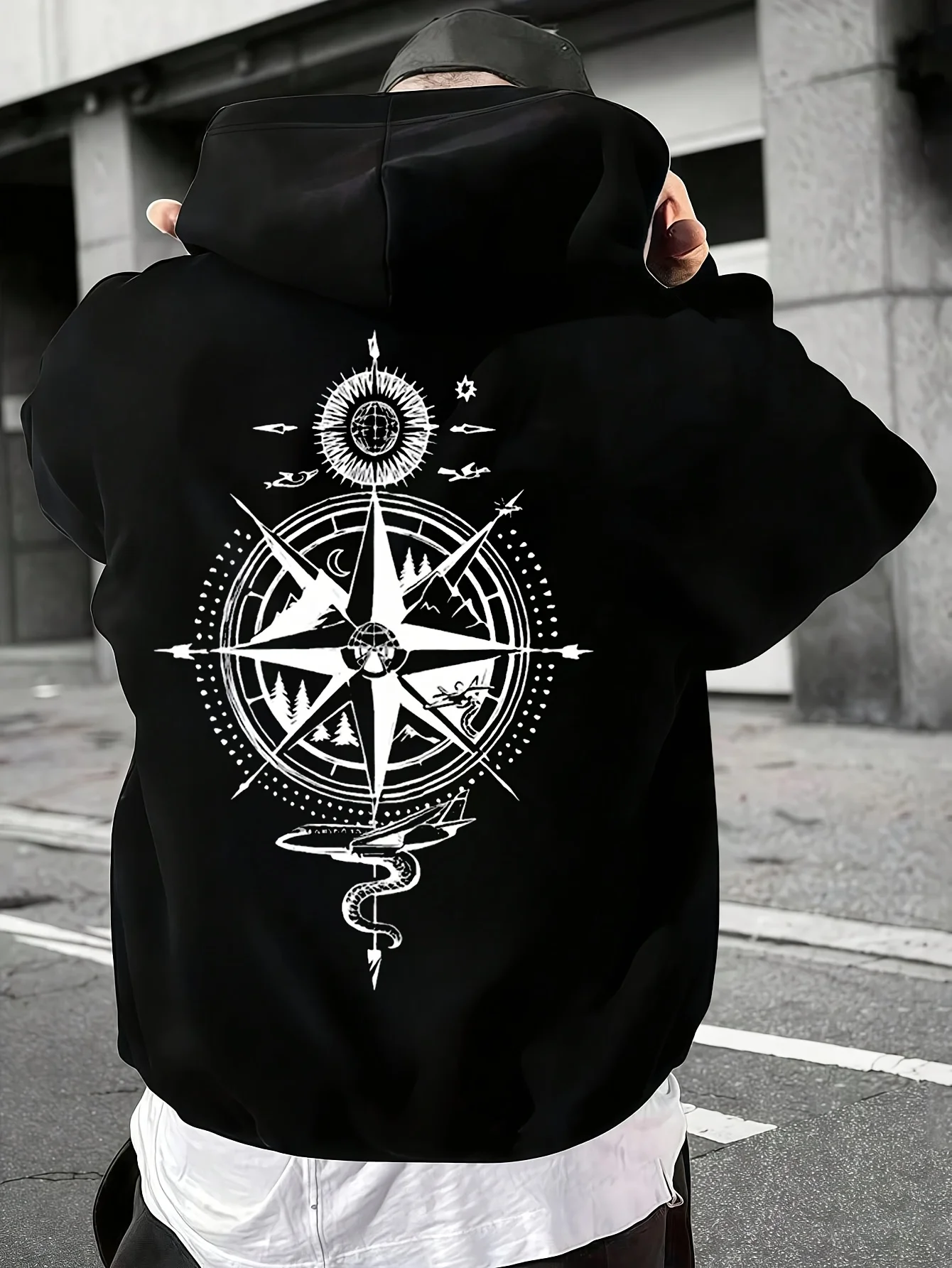 Pullover Hooded Sweatshirt Unisex Men Women Compass Graphic Print Hoodie Streetwear Long Sleeve Tops With Kangaroo Pocket