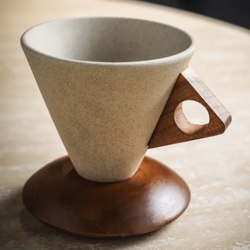 Creative Irregular Natural Wood Ceramic Coffee Cup Funnel-Shaped Rough Pottery Cup with Saucer Breakfast Coffee Mug Dessert Mug
