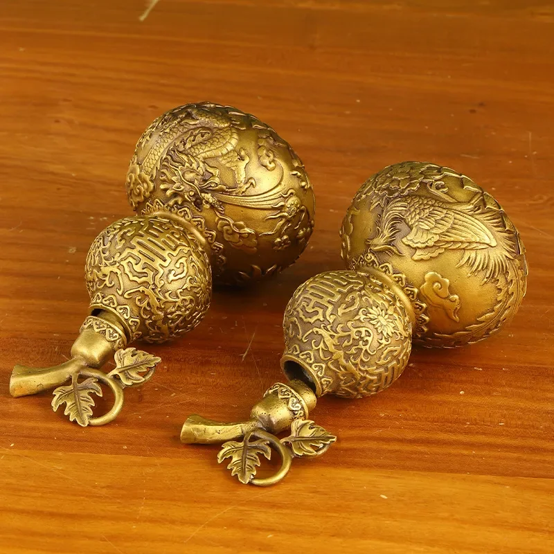 Vintage Brass Dragon Phoenix Gourd Ornament with Leaf Lid Traditional Chinese Feng Shui Home Decor Lucky Copper Craft Gift