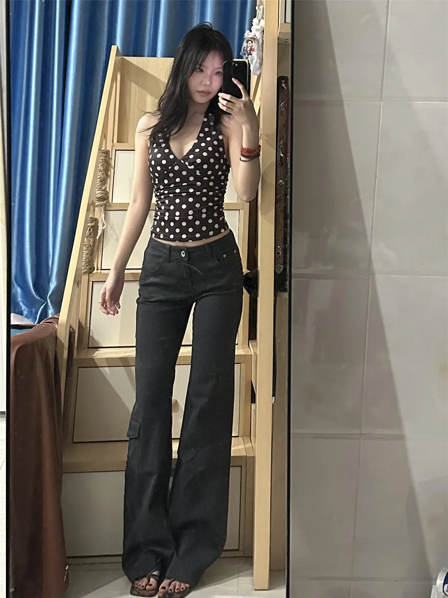 

American Retro Multi-Pocket Flared Workwear Jeans Women's Spring Slimming Tall Extended Floor-Length Pants Casual Cotton