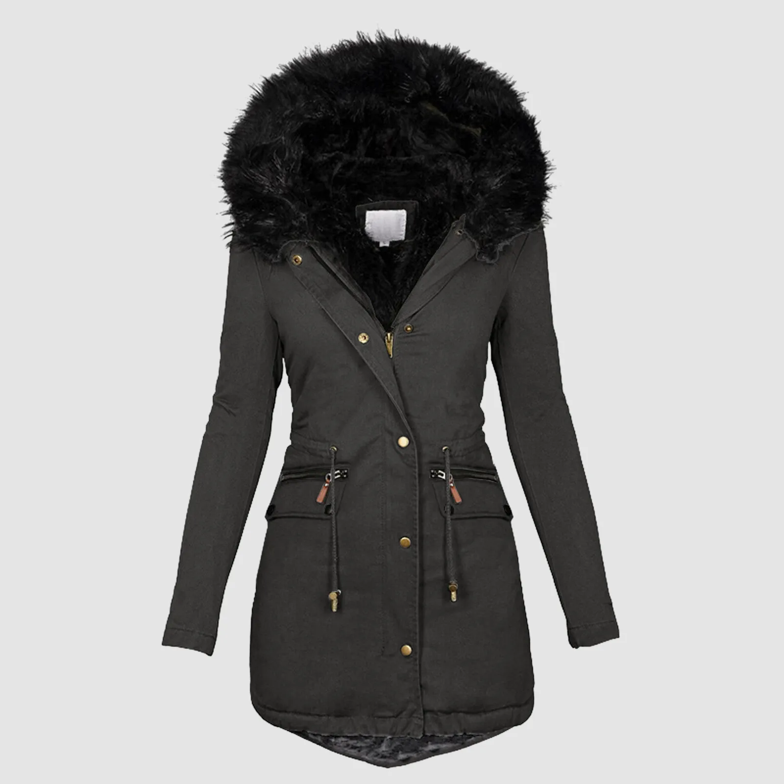 Daily Plus Size Winter Thicken Warm Padded Coat Women Hooded Long Sleeve Vintage Padded Jacket Big Fur Collar Drawstring Coats