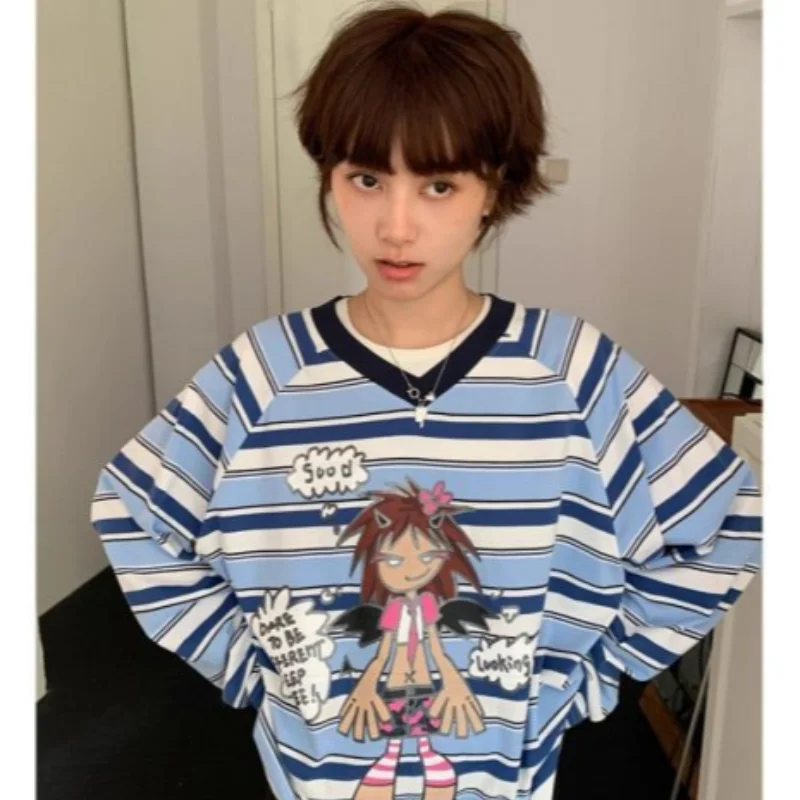 Y2K retro striped long sleeved T-shirt for women's autumn new style portrait print V-neck loose college style women's top emo