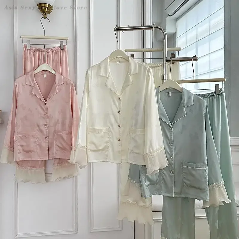 

Жаккардовый пижамный комплект с бабочкой, женская одежда для сна с краем листьев лотоса, брюки с длинными рукавами, пижамный костюм, одежда для дома, одежда для сна из 2 предметов