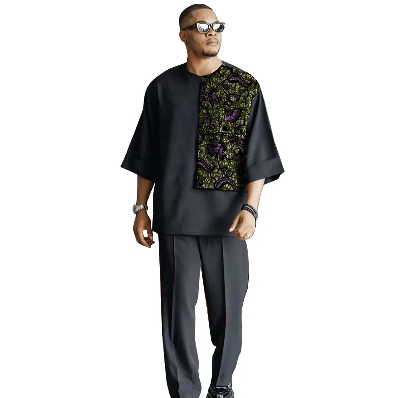 3/4 Sleeves African Clothes Black Men Loose Set Nigerian Style Patchwork Tops With Pant Tailor Made Party Outfit