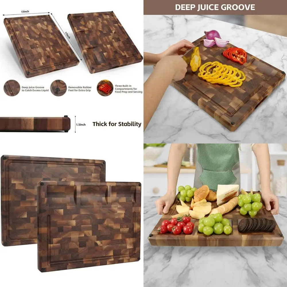 

Double-Sided Black Walnut Cutting Board, 17x13x1.5, Non-Slip, Juice Grooves, Handles, Gift Boxed
