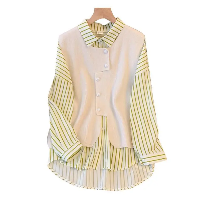 Spring Autumn New Turn-down Collar Long Sleeve Fashion Shirt Women High Street Striped Button Fake Two Pieces Elegant Cardigan