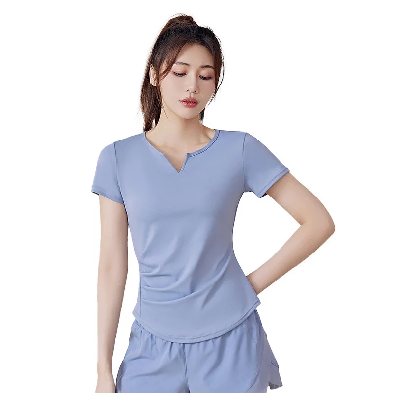 Summer V-neck Yoga Short Sleeved T-shirt Quick Drying Elastic Fitness Running T-shirt Short Sleeved Solid Color Slimming Tshirts