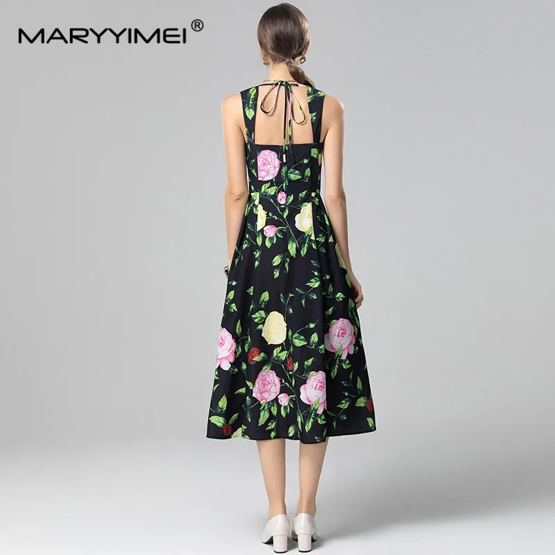 MARYYIMEI Fashion design Women\'s A-Line Dress Square-Neck Spaghetti Strap Backless High waist Casual Holiday Party Dresses