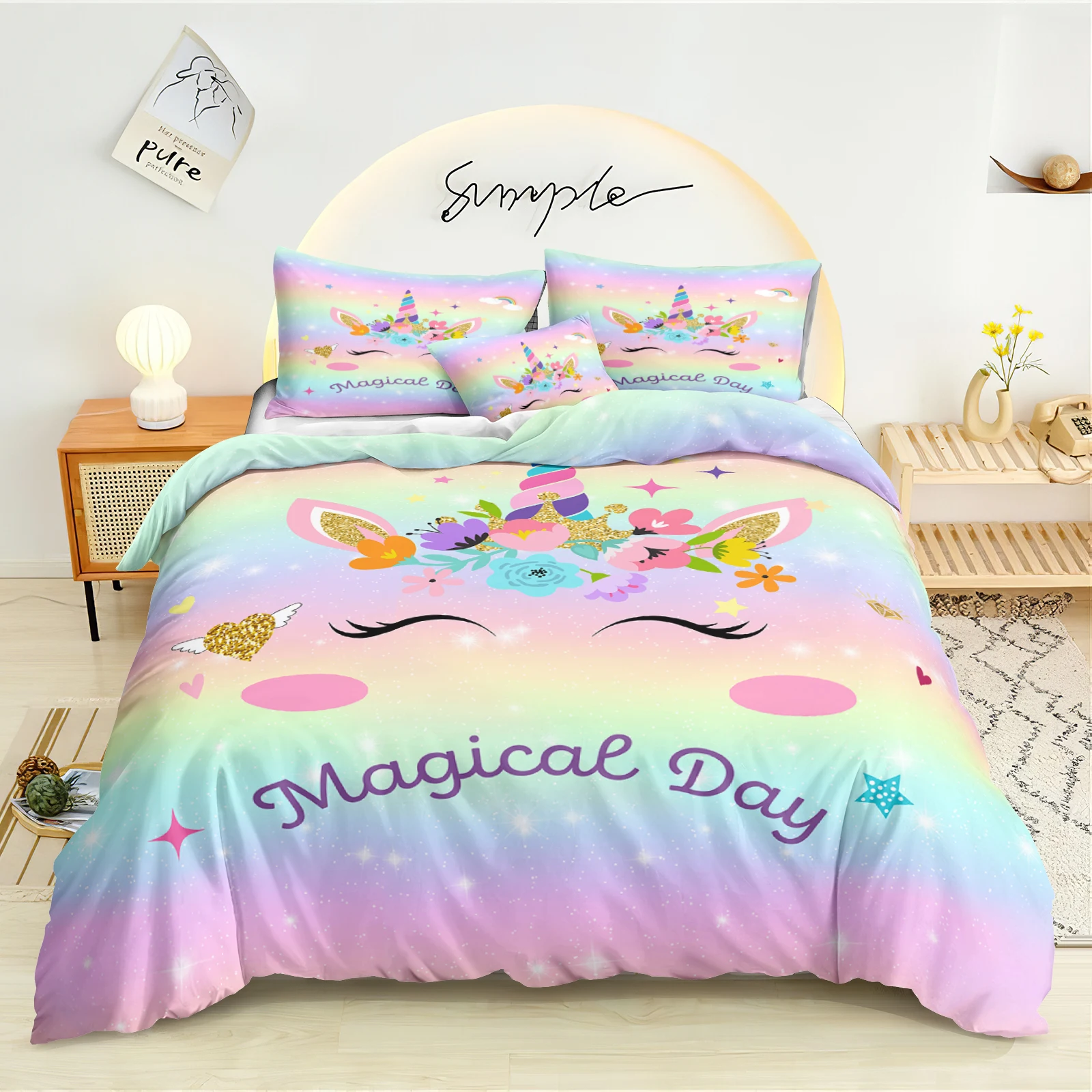 

Pink Girls Bedding Sets Unicorn Duvet Cover Set Modern Fashion Home Textiles Floral Bed Linen for Dropshipping