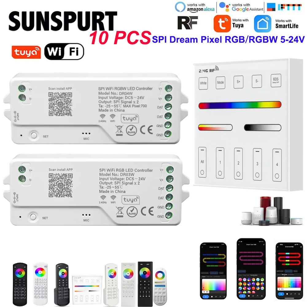 

LED WiFi SPI RGBW Controller WS2811 Tuya APP/Smart Life/Google Home/Alexa Control for Addressable LED Strip Light Support WS2813