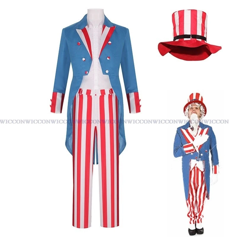 

Us Cosplay Costume Halloween Party Uncle Sam Cosplay Mens Suit Independence Day Stars Stripes American Country Roleplay Tuxedo