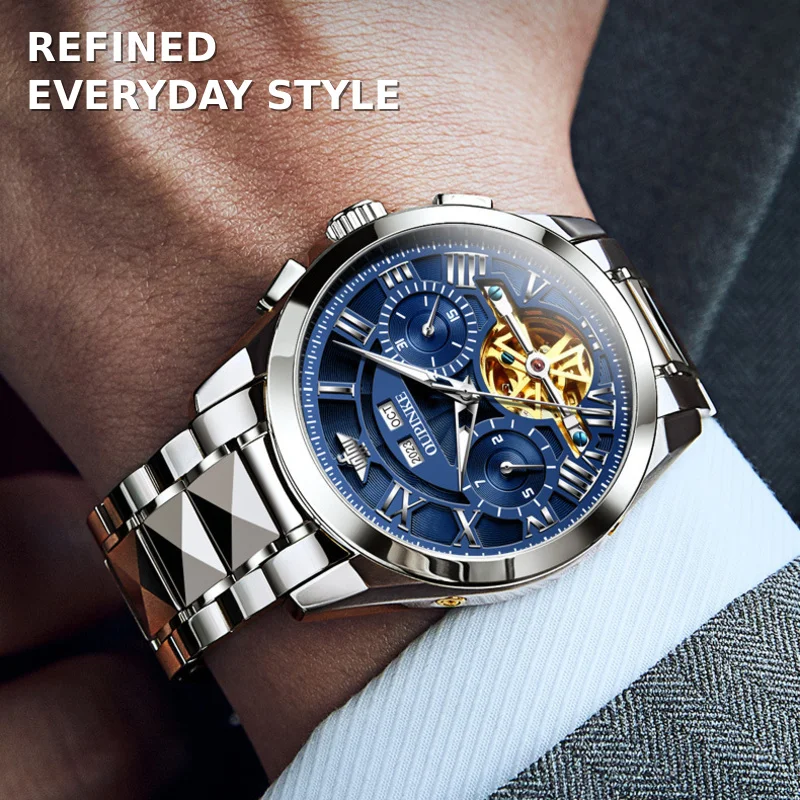 OUPINKE 3236 Automatic Mechanical Watch for Men Open Heart Dial Sapphire Crystal Day Date Luminous Hands 50m Water Resistant