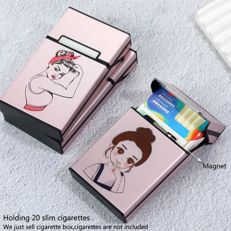 20 Sticks 100mm Rose Gold Aluminum Alloy Women\'s Cigarette Box Custom Photo LOGO Slim Cigarette Case Gift Sexy Anime Animation