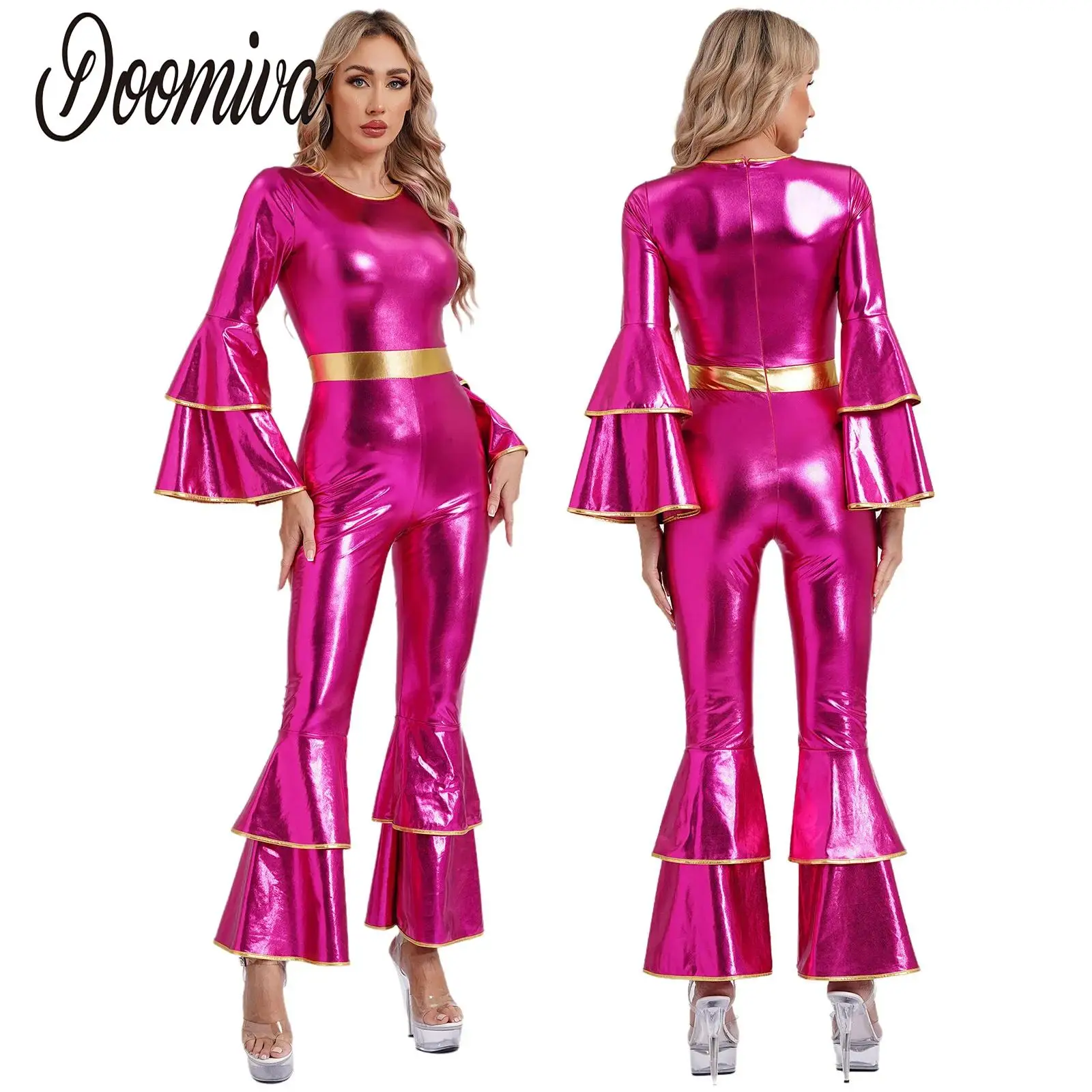 

Disco Costumes for Women Hippie Shiny Metallic 70s Jumpsuit Fancy Dress Up Tiered Flare Sleeve Bell Bottom Rompers Dance Dresses