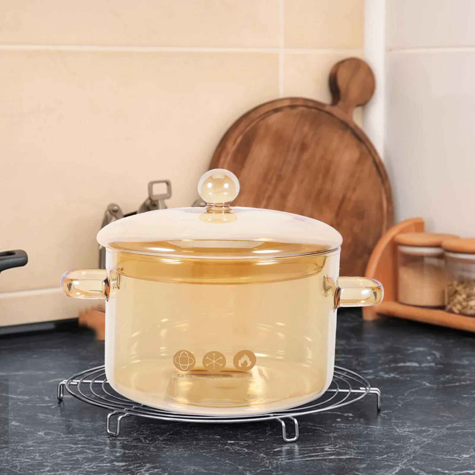 Glass Double-Handled Soup Pot Transparent Heat-Resistant Cooking Stew Pot with Lid for Home Kitchen Stovetop Simmering Boiling