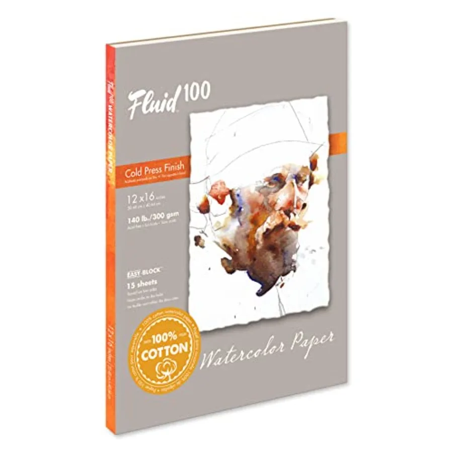 

Блок бумаги для акварели Fluid 100, 12 x 16 дюймов, 15 листов, 140 фунтов, 300 GSM, 100% хлопок, холодного прессования, для художников, для рисования и работы с влажной бумагой