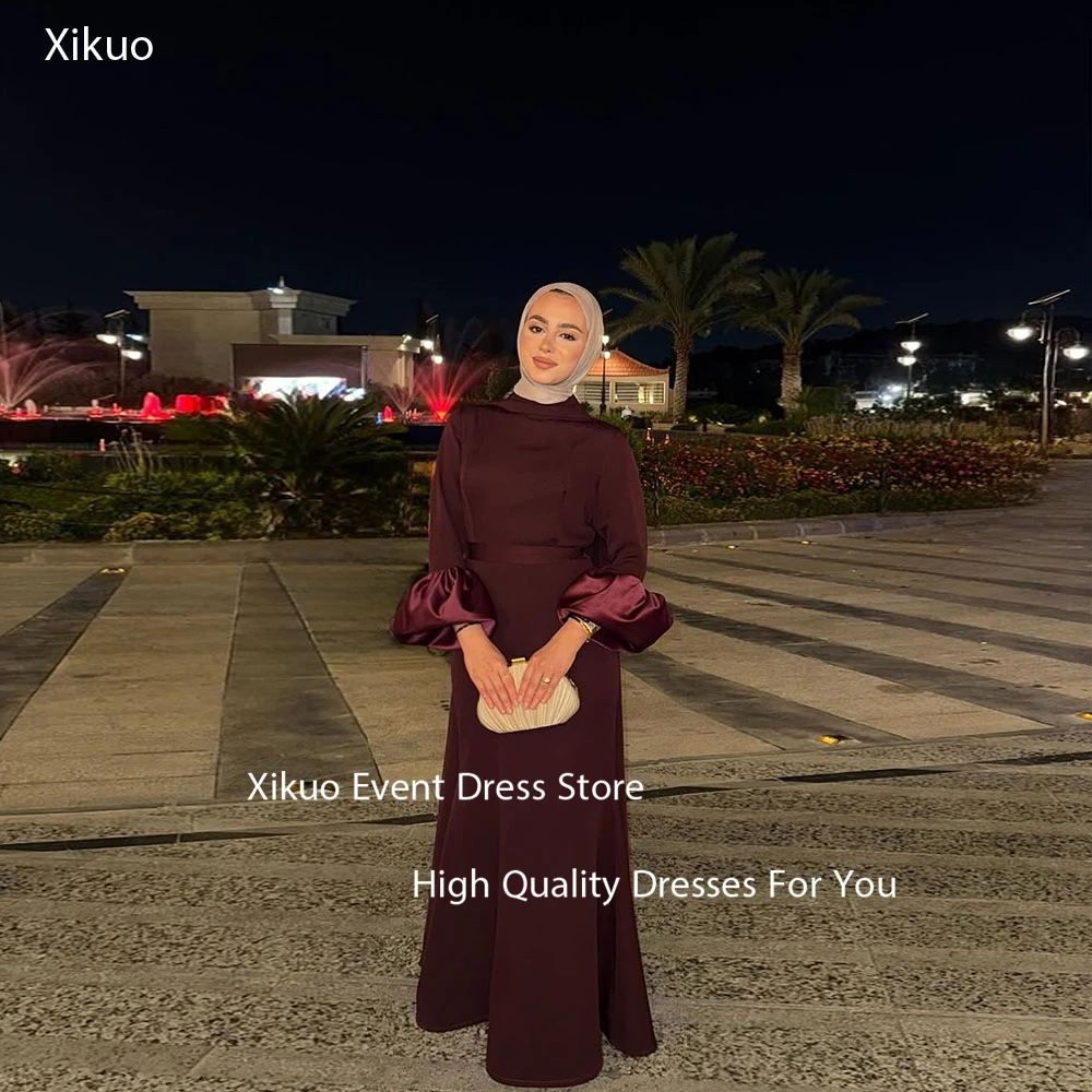 فستان سهرة Xikuo باللون العنابي بأكمام منتفخة حورية البحر فيستدوس دي فييستا أنيق من الساتان فستان كوكتيل متواضع للمشاهير حسب الطلب