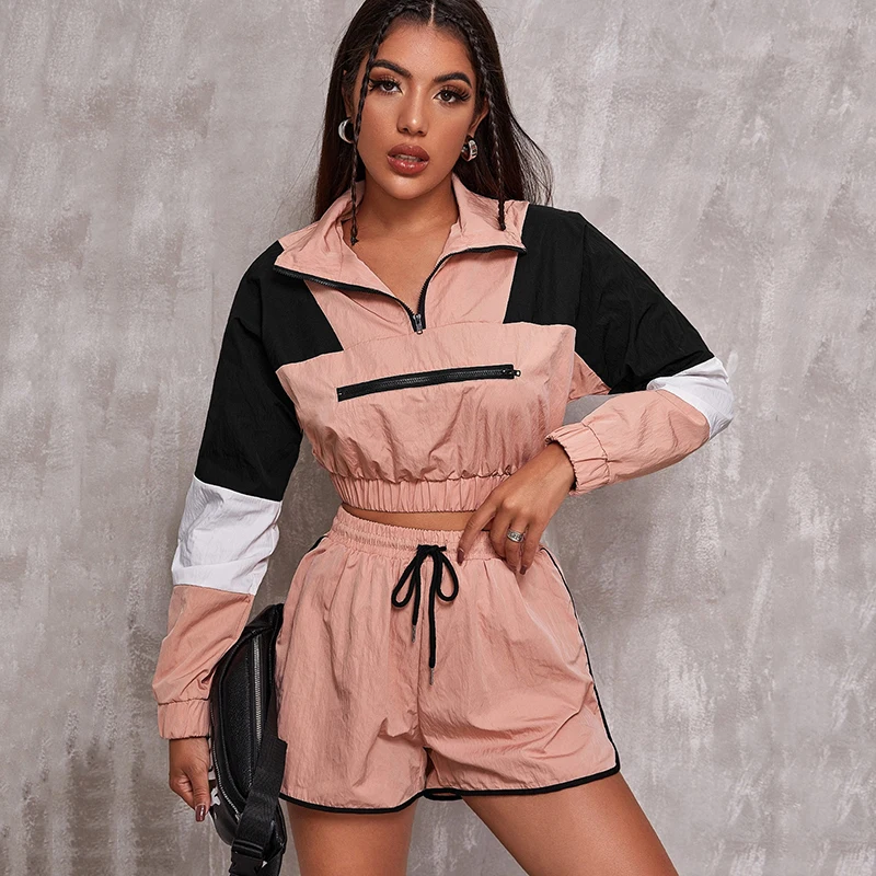 Shorts Two Piece Set New Fashion Women Spring Autumn Long Sleeve Pink Sweatshirts Zipper Crop Tops Patchwork Elastic Waist Short