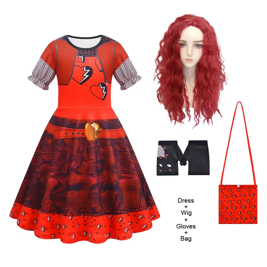 Descendants 4 Costume For Teenager Girl Dress Halloween The Rise Of Red Heart Child Up Frock+Wig 4PC Set Kid Tunic Clothes