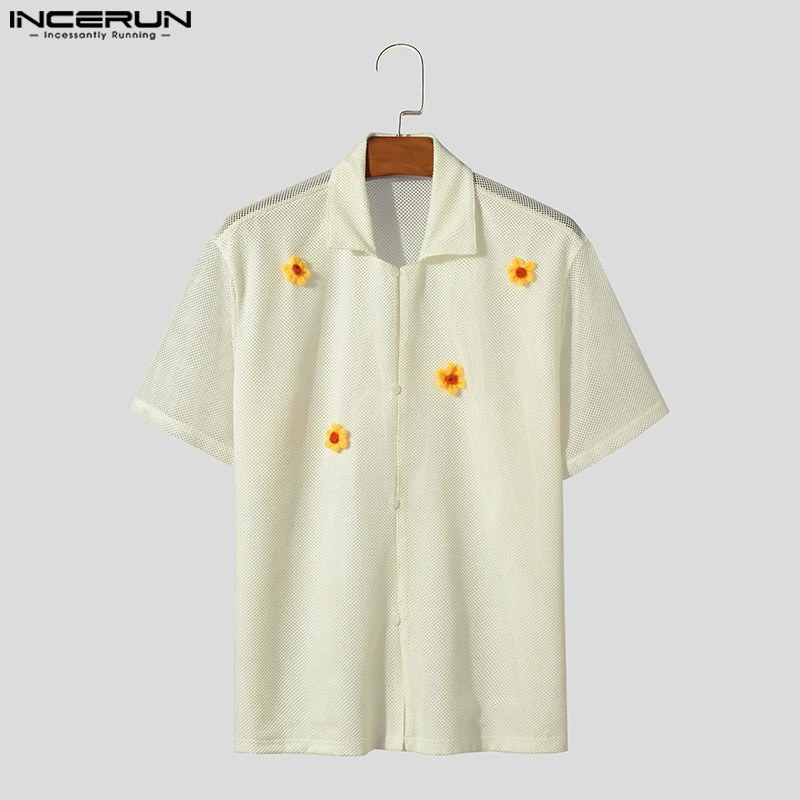 INCERUN Tops 2024 Korean Style Men Stylish Hollow Braid Flower Shirts Casual Streetwear Male Splicing Short Sleeved Blouse S-5XL