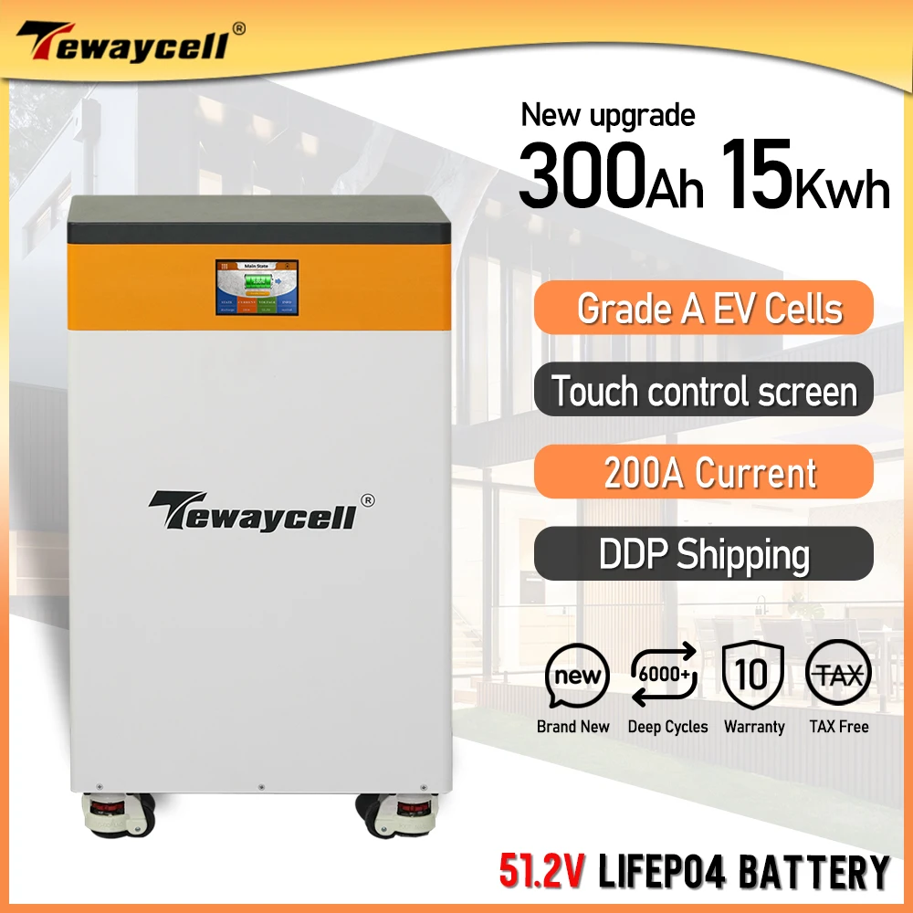 Tewaycell Nowa aktualizacja 15KWh 51.2V 300Ah LiFePO4 Bateria 48V Powerwall Obsługa 200A 10KW Moc wyjściowa UE US NO TAX