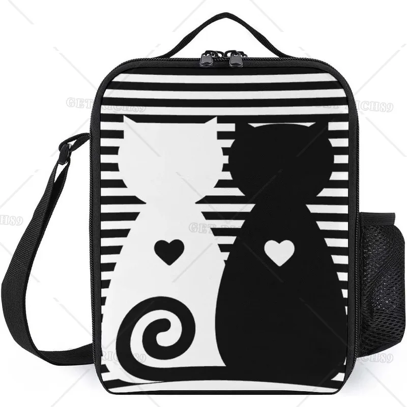 

Lover Hearts and Cats Reusable Lunch Bags Durable Portable Lunch Box Meal Pack Backpack with Pocket for Women Men Work Trip