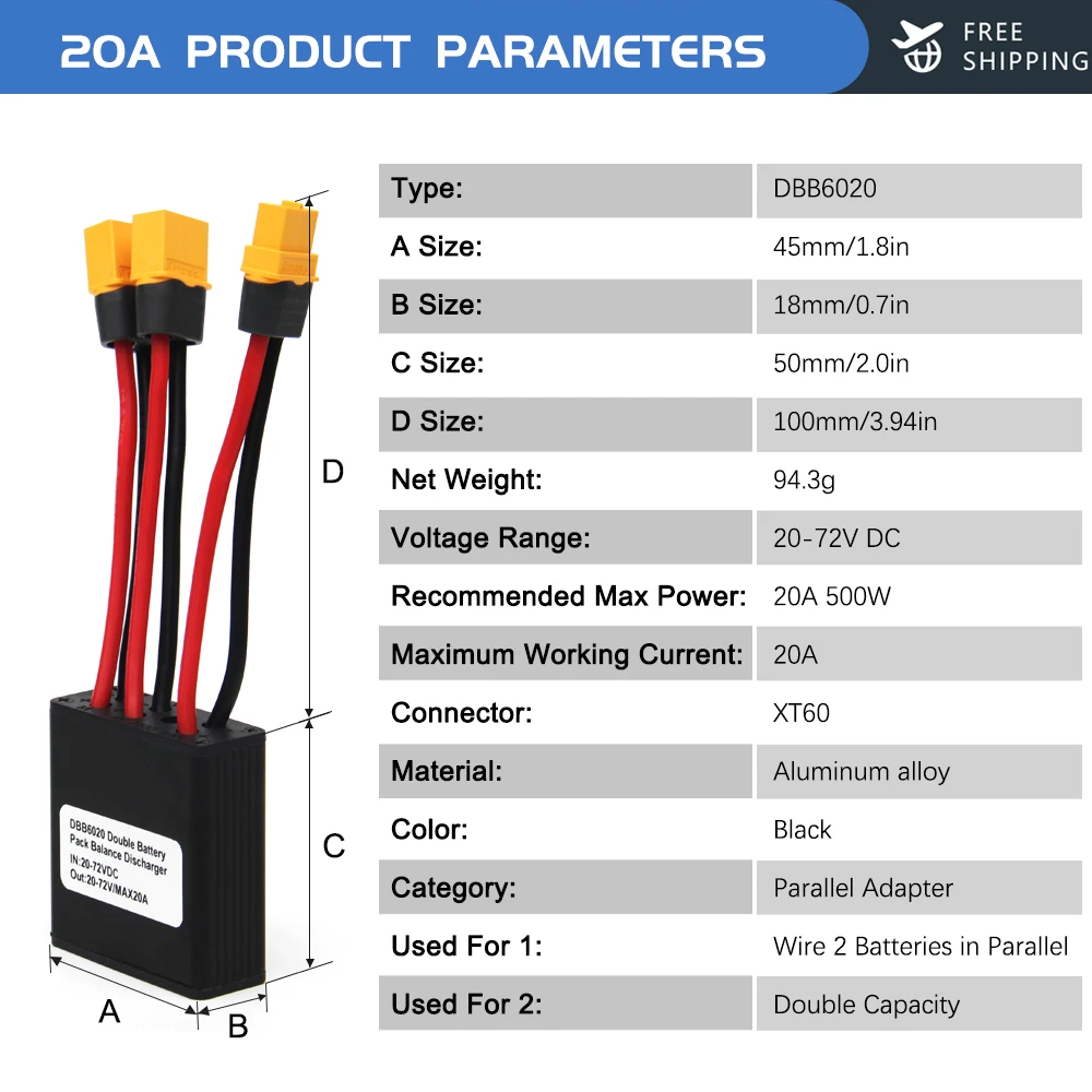 Electric Bike Dual Battery Adapter 20V-72V 20A 30A 40A Double Battery Parallel Connector for Increase Battery Capacity