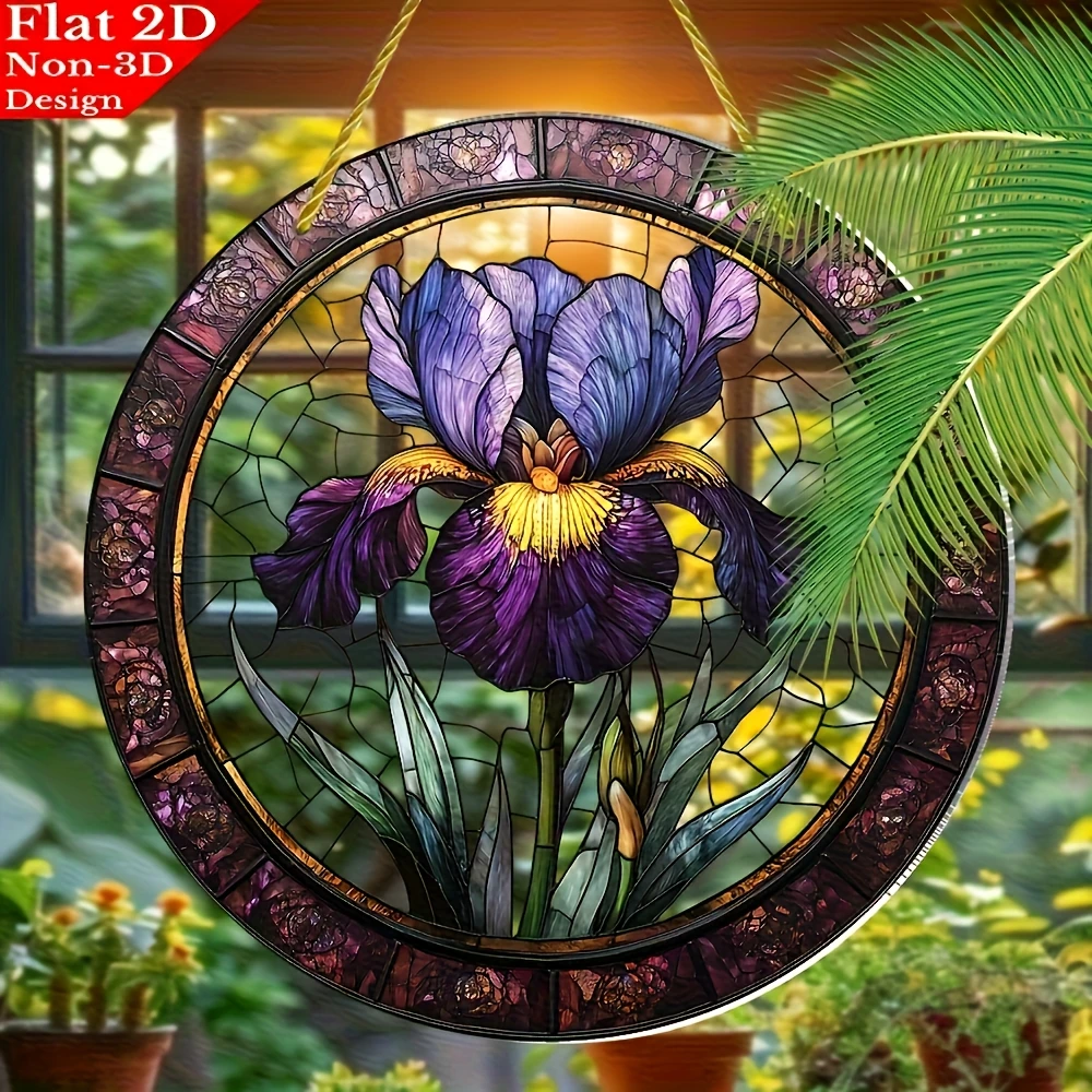 2D Flat, Round Acrylic Suncatcher with Purple & Yellow Iris Flower - Stained Window Hanging Decor Suitable for Indoor/Outdoor Us