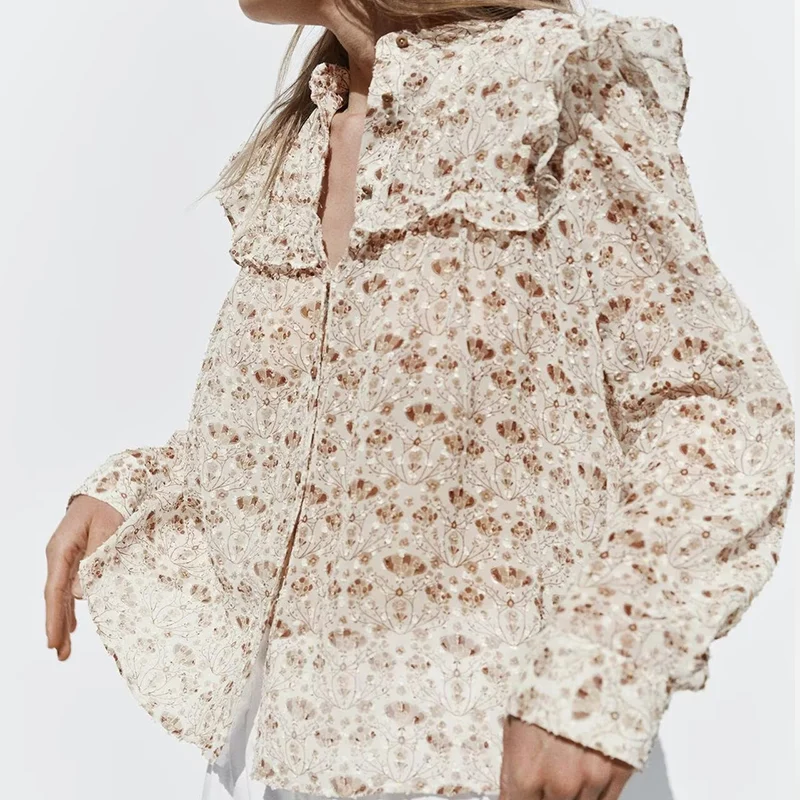 Primavera 2025 Donna Sle Long Sve Stampato Chiffon irt Colletto alla coreana Casual Loose Fit Fibra di poliestere 00% Nuovo arrivo