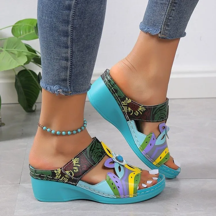 New national wind sandals female new summer color wedge totem 43 large size sandals female slides women flip flops