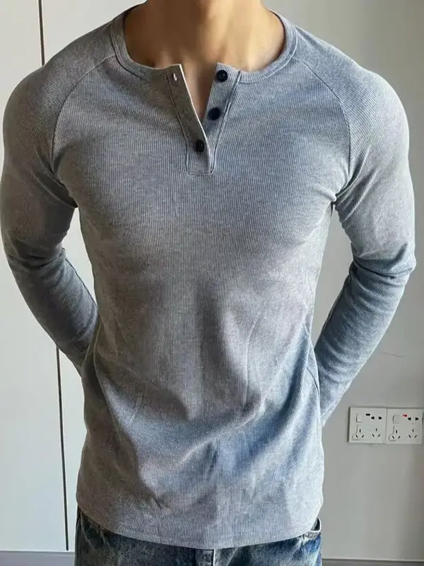American Style Fitness Men's Long Sleeve T-Shirt Henry Shirt Sports Wear Muscle Fit Polyester Fiber Resistant to Deformation