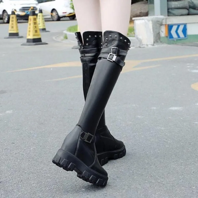 

2025 Fall Winter New Women's Petite Over The Knee High Boots Thick Bottom Elastic Soft Leather Motorcycle Style Hidden Lift