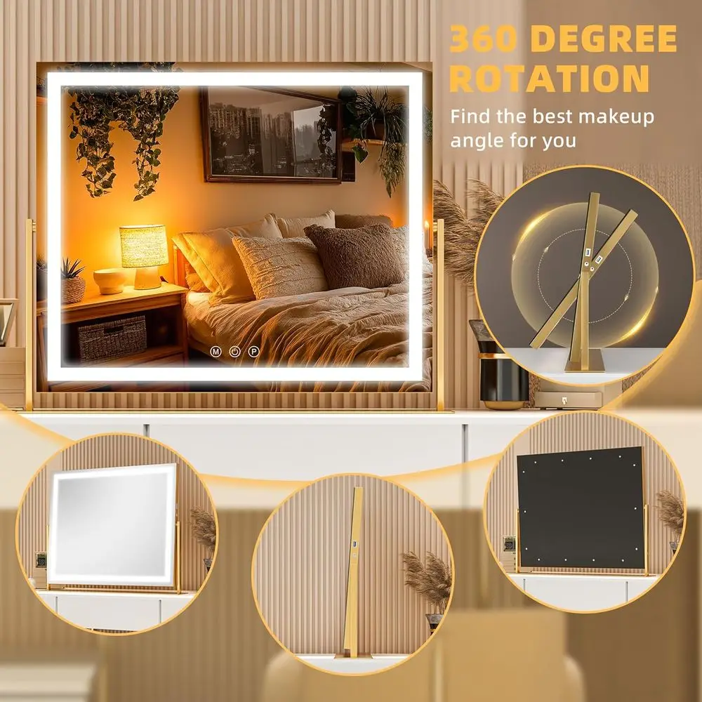 Miroir de courtoisie éclairé par 26 LED, lumière 3 couleurs à écran tactile, luminosité réglable, miroir de bureau carré doré
