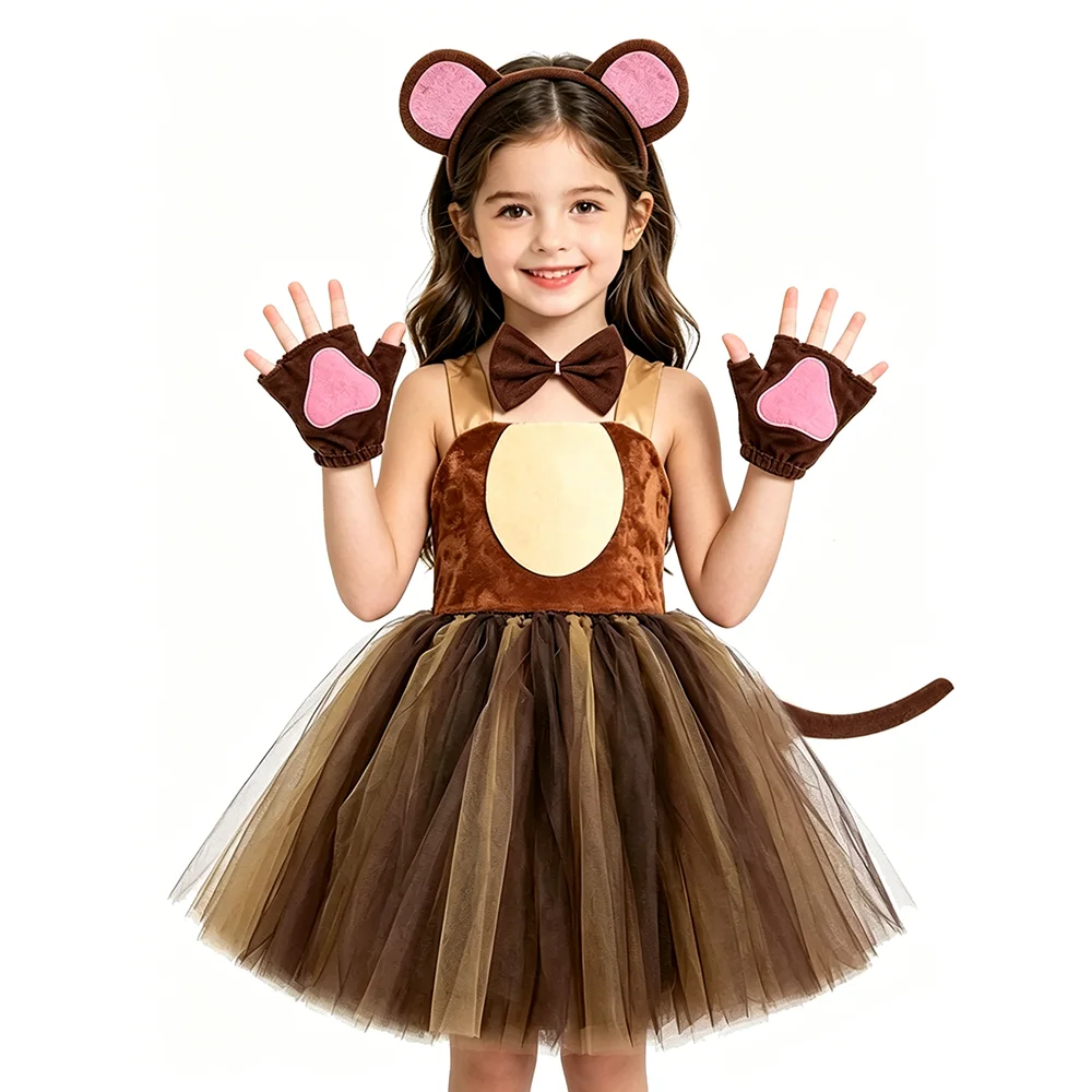 Brown Bear Tutu Dress for Girls Jungle Animals Party Disguise Outfits Kids Carnival Halloween Costumes Birthday New Year Clothes