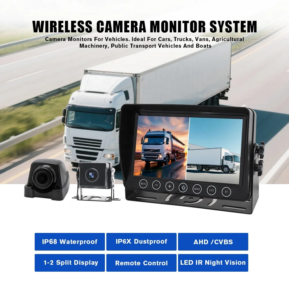 Vehicle Truck 7 Inch LCD Screen Video Monitor Car Reversing Camera Kit For Van Bus RV 1080P AHD DVR 2 Channel Split System