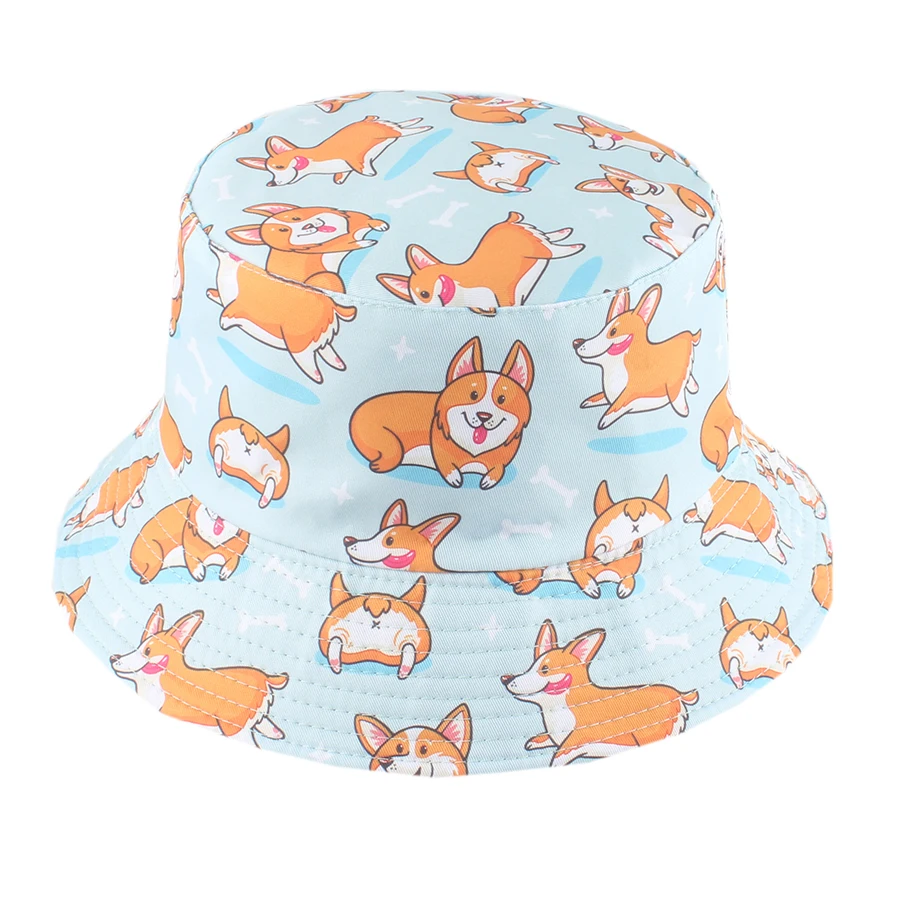 2024 New Panama Bucket Hats Cute Animal Monkey Corgi Print Fisherman Hat Summer Sun Hats For Women Men Reversible Fishing Cap