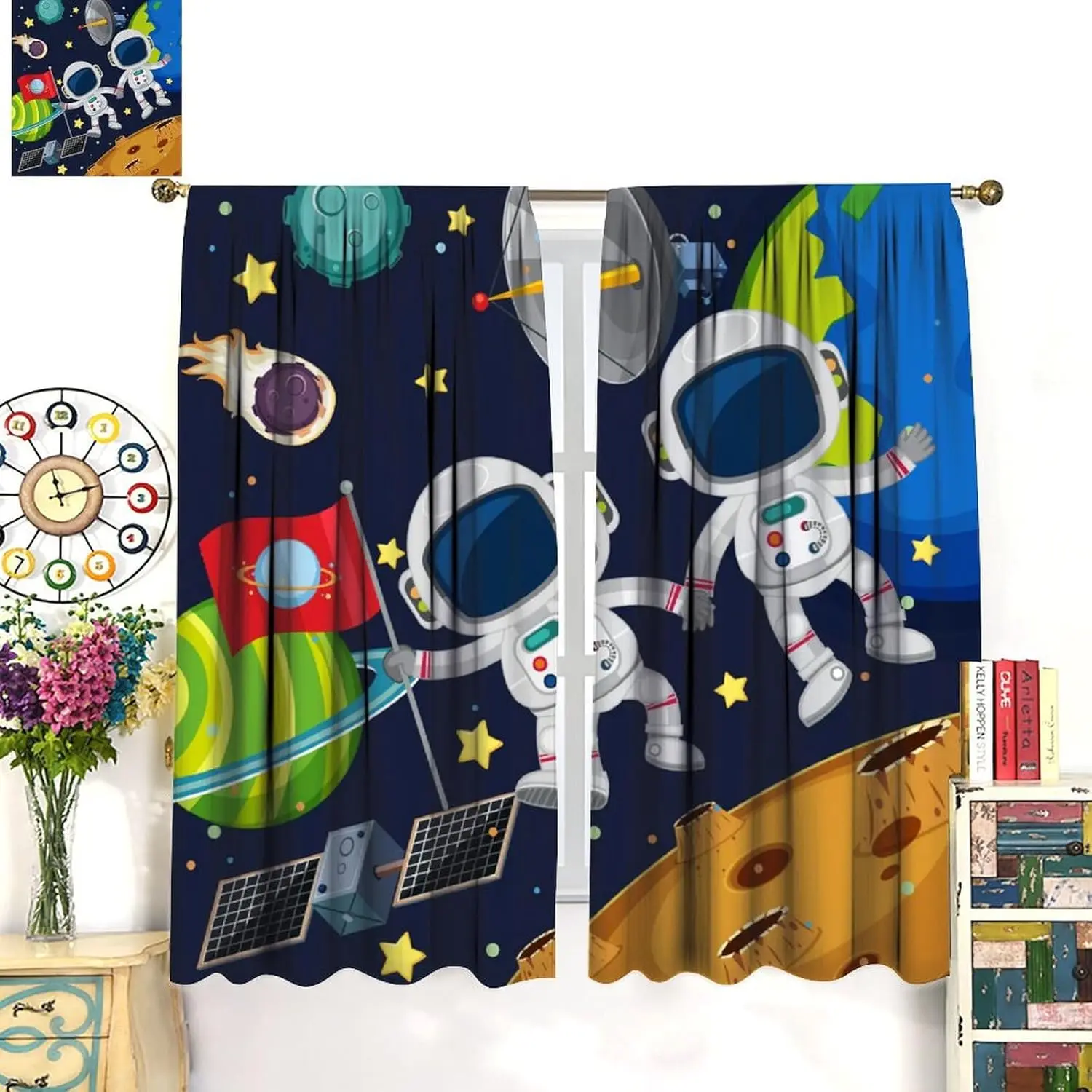 Cute Astronaut Curtains,Planet Universe Space Galaxy PatternPocket Window Drapes for Boy Girls Room Nursery Classroom Decor